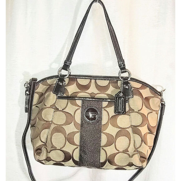 Coach - Beige & Brown Signature Canvas Purse / Tote w Brown Leather Trim #F17948 - Picture 1 of 12